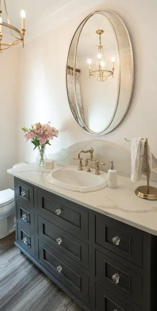 Elegant dark gray bathroom vanity with a gold faucet and oval mirror.