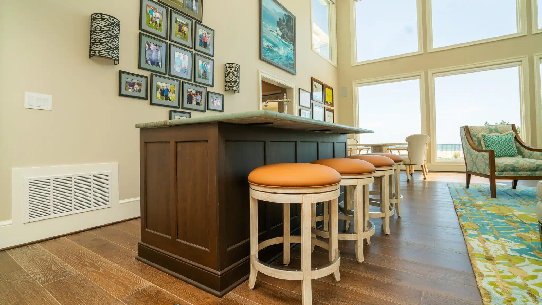 Fireplace with shiplap surround and contemporary trim details