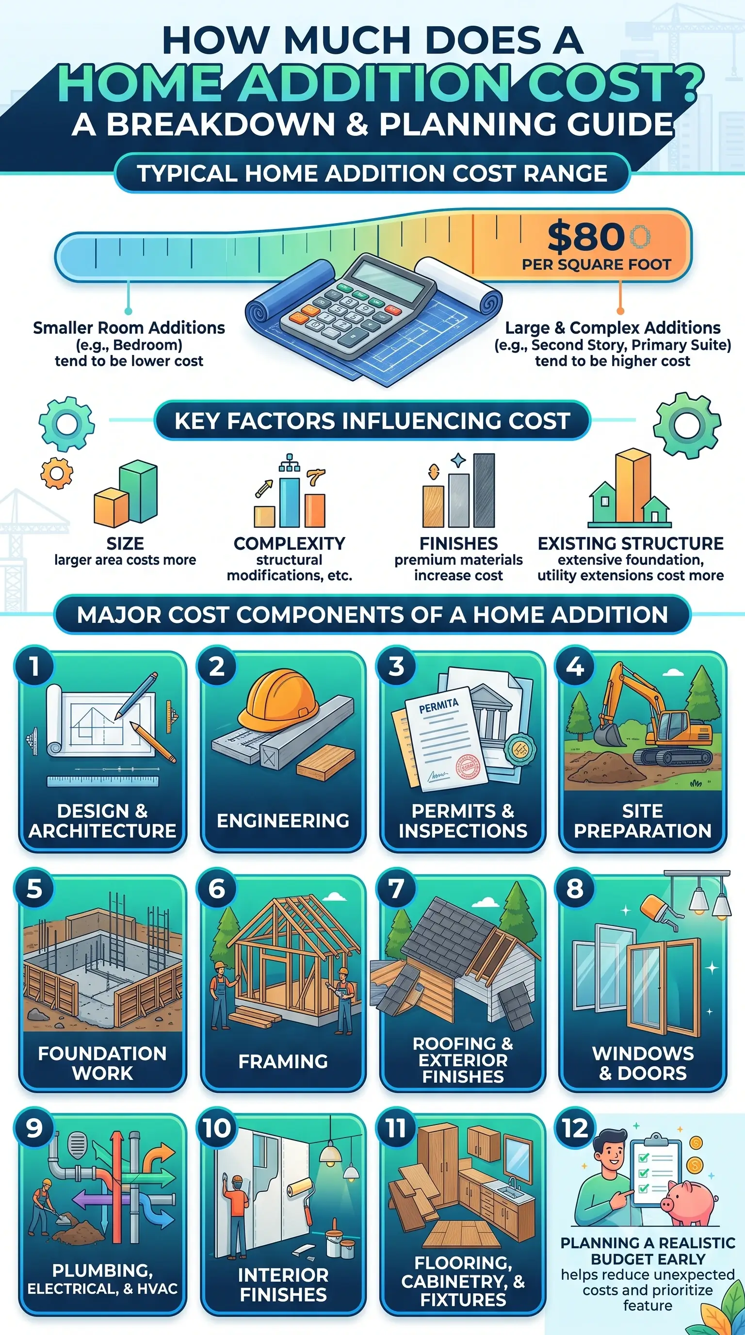Infographic showing home addition cost breakdown, key factors, and major construction steps.