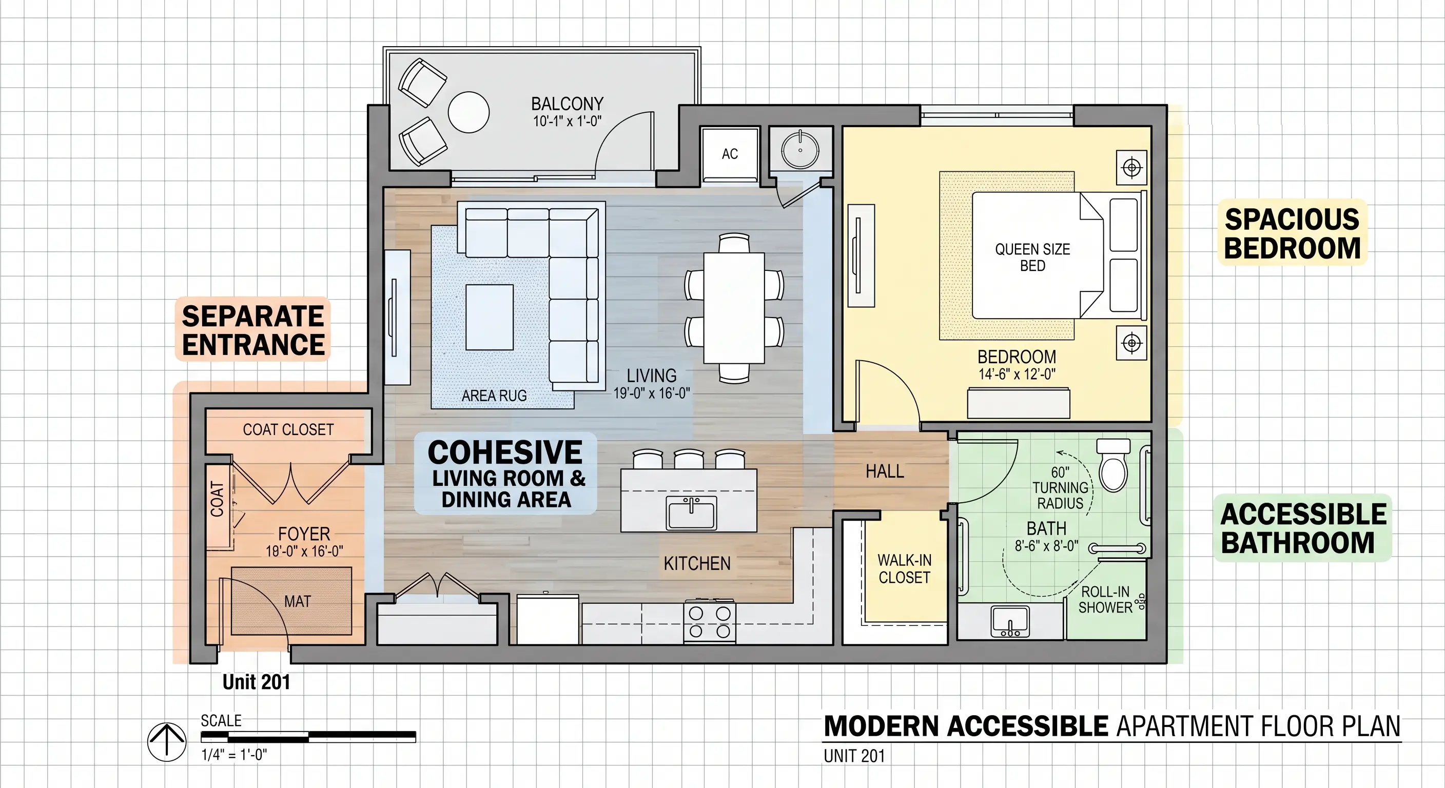 Detailed floor plan for an accessible in-law suite addition.